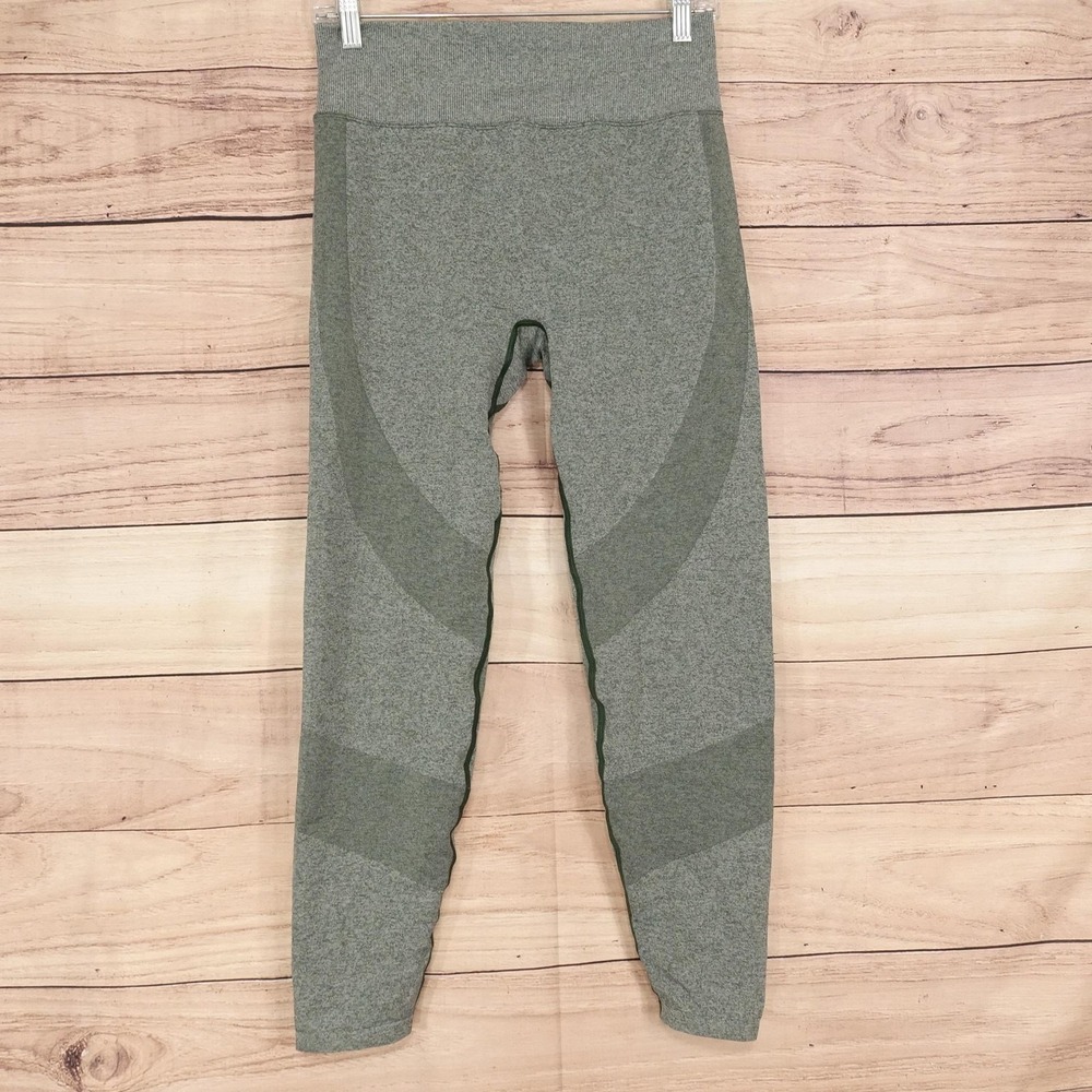 PINK Active Leggings Womens L Green Seamless Ankle Ribbed Knit Yoga Gym Stretch